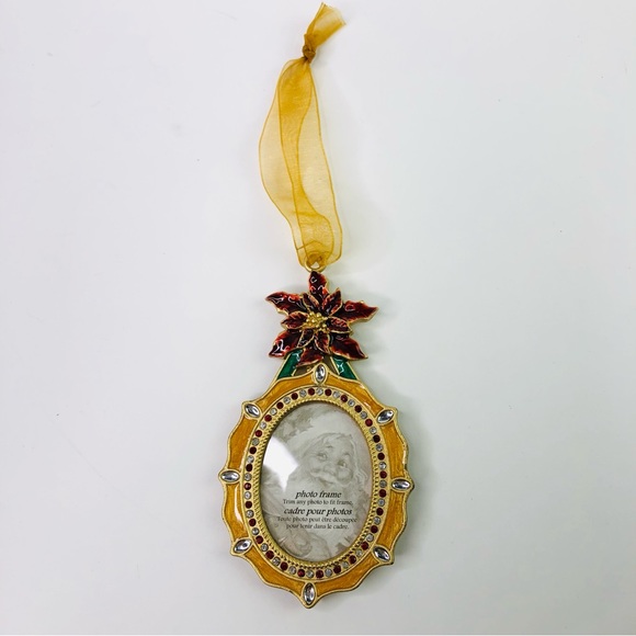 Poinsettia Crystal Christmas Holiday Picture Frame Mini Oval Ornament 1990s - Picture 2 of 4
